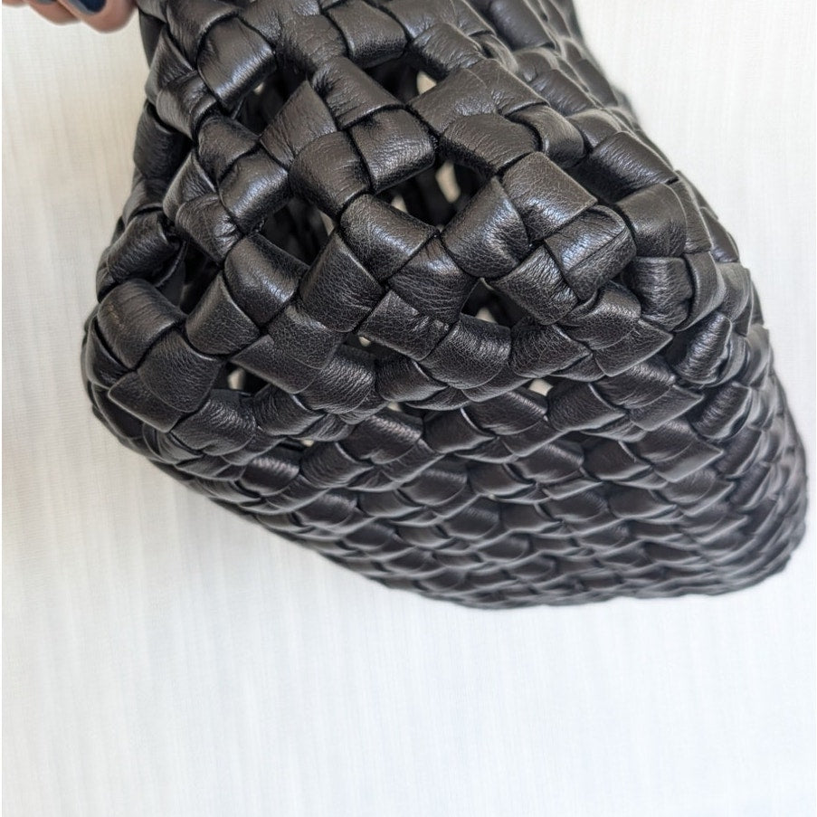 Black Genuine Leather Woven Tote Bag Large Shoulder Handbag Open Top Womens