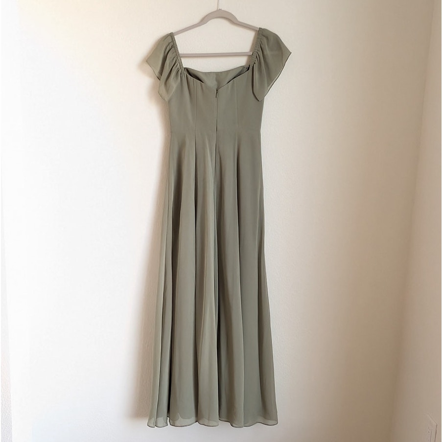 Anthropologie Jenny Yoo Elsie Off Shoulder Flutter Sleeve Green Chiffon Dress, sz 2