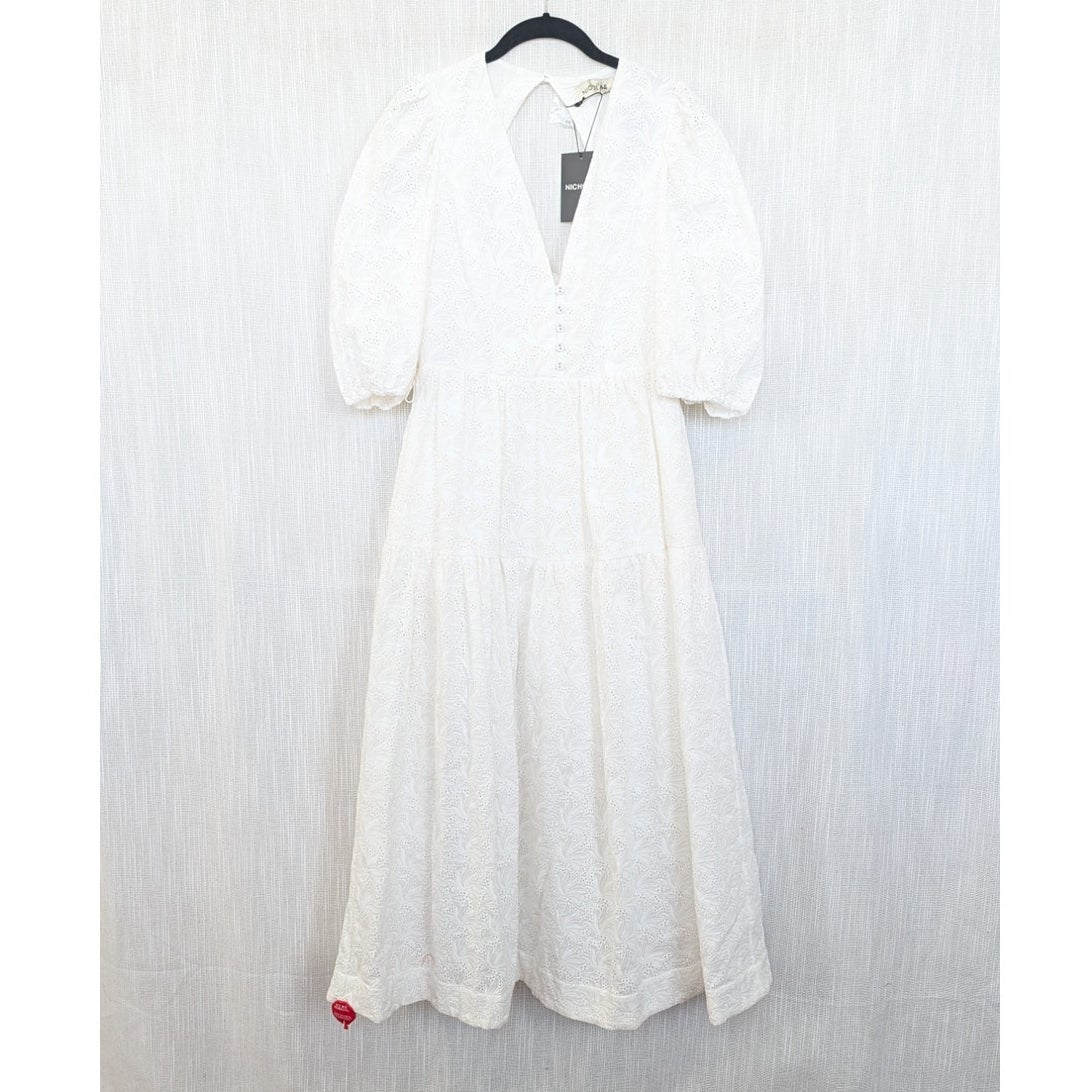 Nicholas Celie Dress Womens 6 NWT White Cotton Featherington Eyelet Midi/Maxi