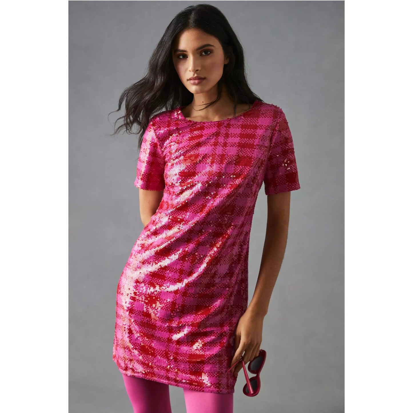 Anthropologie Maeve Dress Womens XS Plaid Sequin Shift Short Sleeve Mini