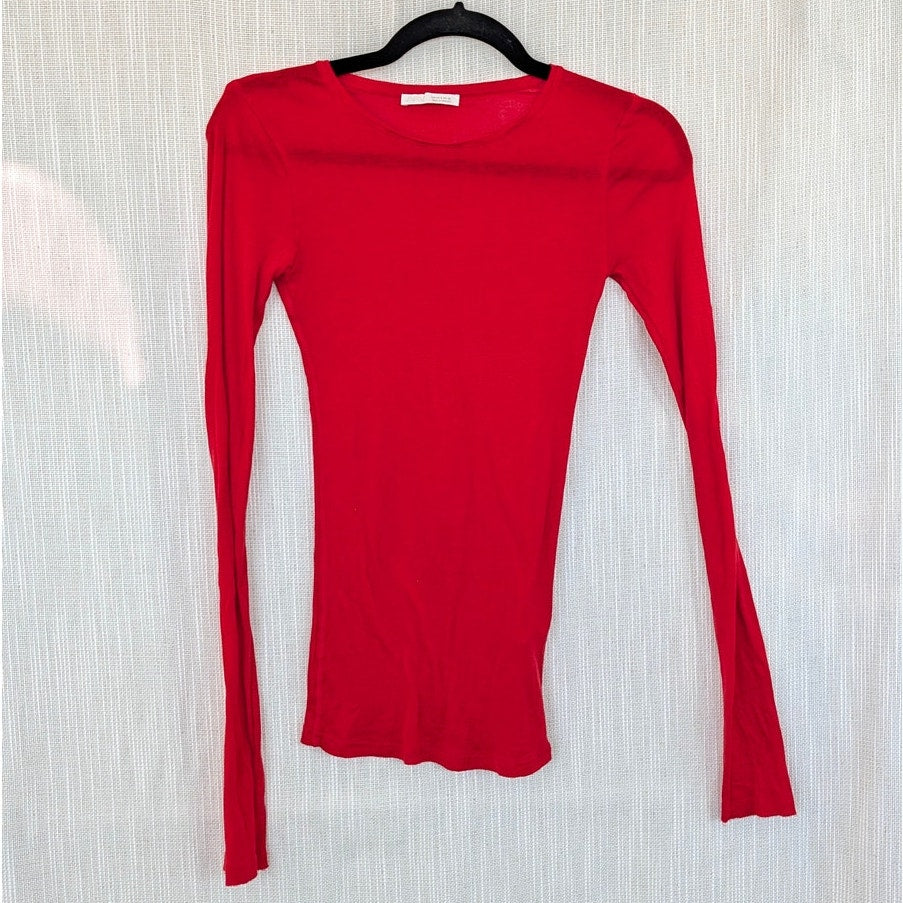 Zara Supima Long Sleeve T-shirt Top 0858/613/600 Womens S Red Round Neck