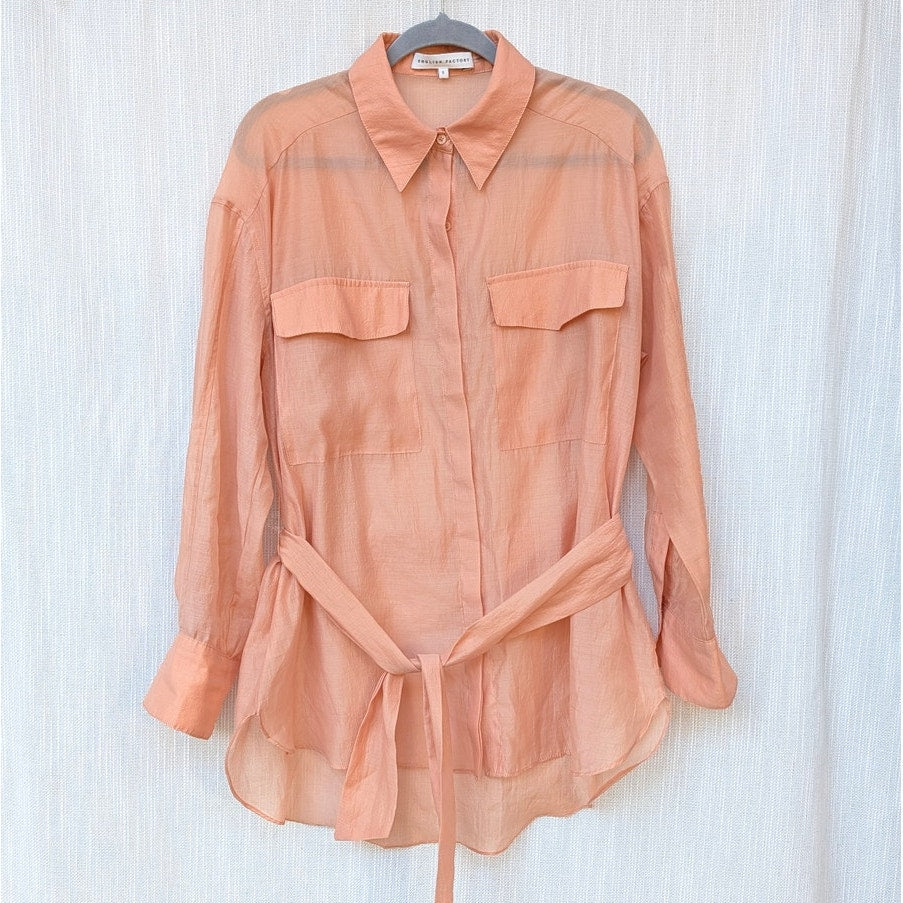 English Factory Shirt Womens S Peach Sheer Button-up Tie Waist Long Sleeve Long