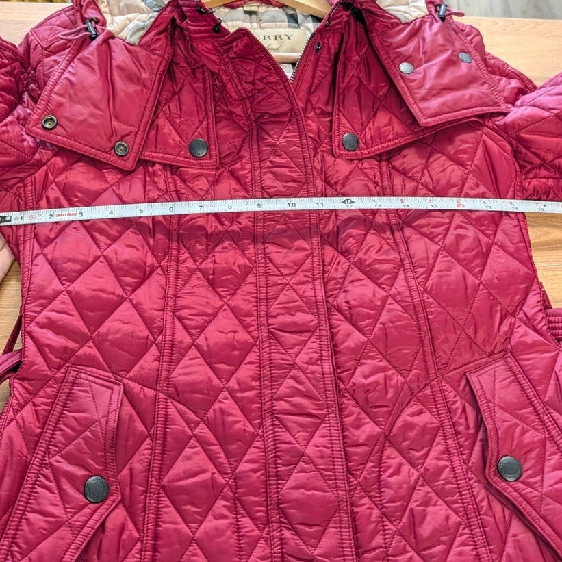 Burberry Finsbridge Red Quilted Hooded Belted Jacket Womens L Full Zip