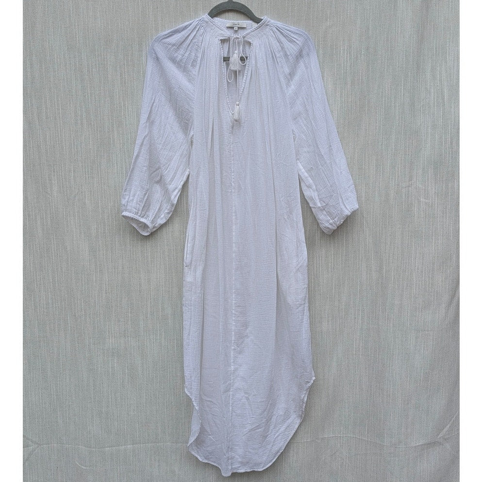 Vince Dress Womens XS White Gauze Sheer Peasant Tassel Long Sleeve Tunic Midi