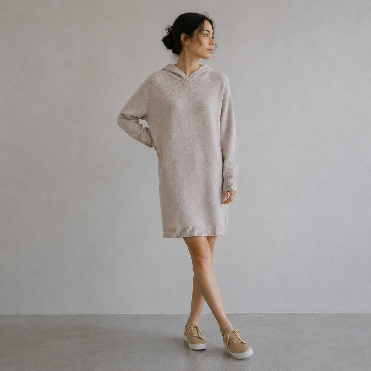 Max Mara Jack Wool Cashmere Dress Womens Beige Long Sleeve Hooded Midi
