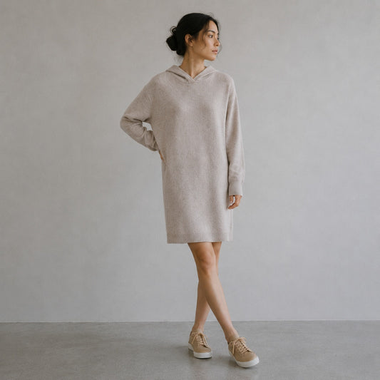 Max Mara Jack Wool Cashmere Dress Womens Beige Long Sleeve Hooded Midi
