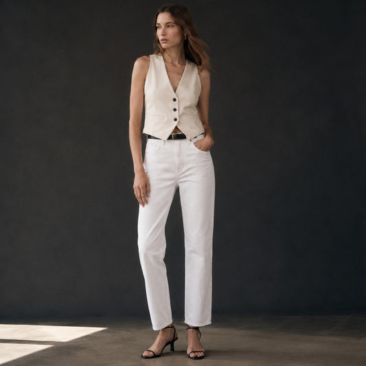 NWT FRAME Le High & Tight Straight Jeans in Rumpled Blanc, size 26