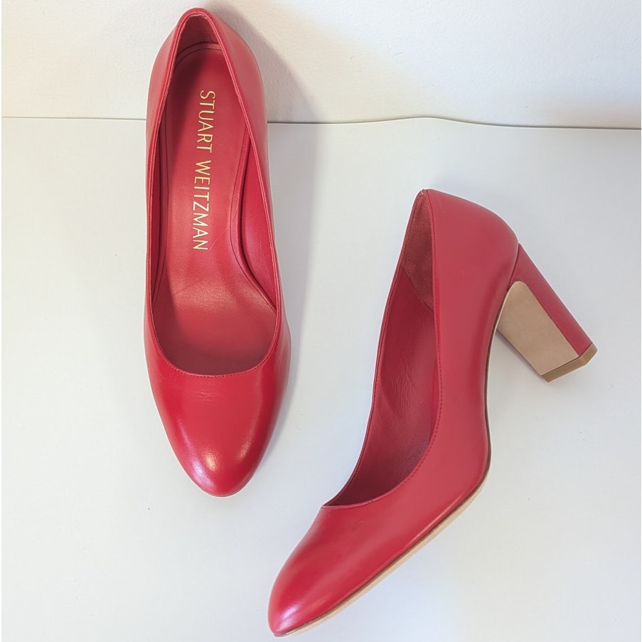 Stuart Weitzman Leather Pumps Womens 9.5B Red Round Toe Stable Heeled NWOT