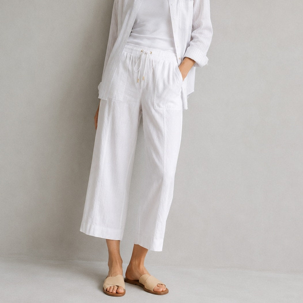 Ellen Tracy White Linen Blend Drawstring High-rise Cropped Wide Leg Pants, size L