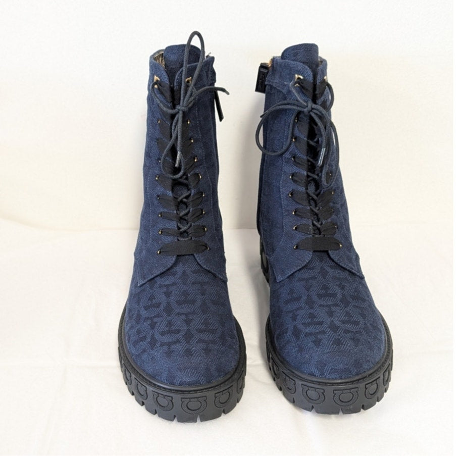 Salvatore Ferragamo Navy Gancini Monogram Denim Biker Combat Boots Womens 9.5