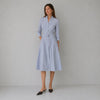 Akris Punto Blue/White Micro Striped Belted Midi Dress Womens 10 NWT