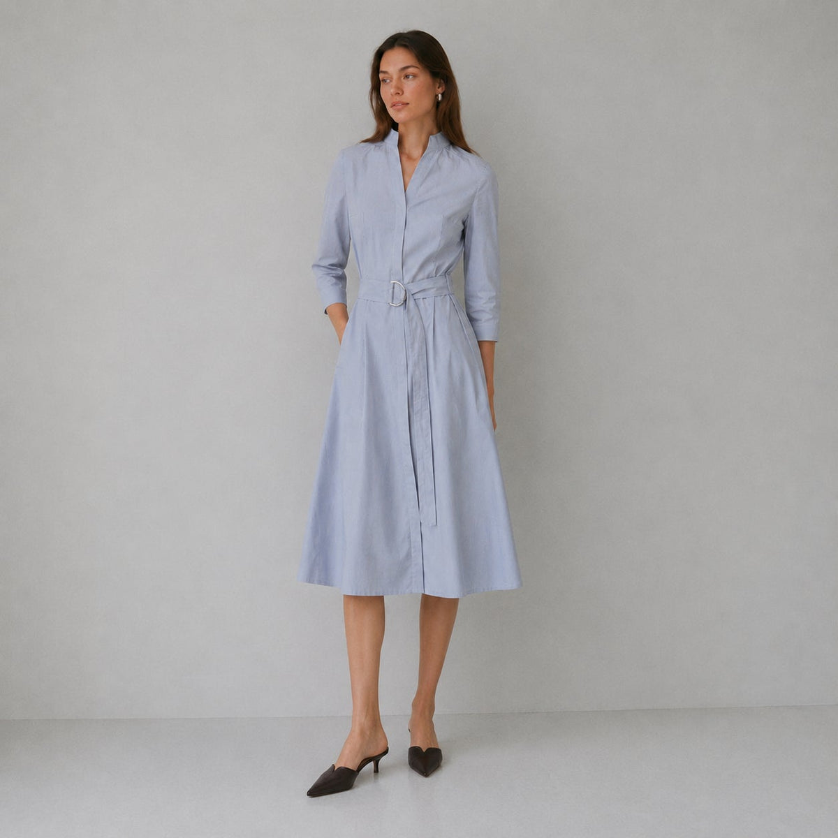 Akris Punto Blue/White Micro Striped Belted Midi Dress Womens 10 NWT