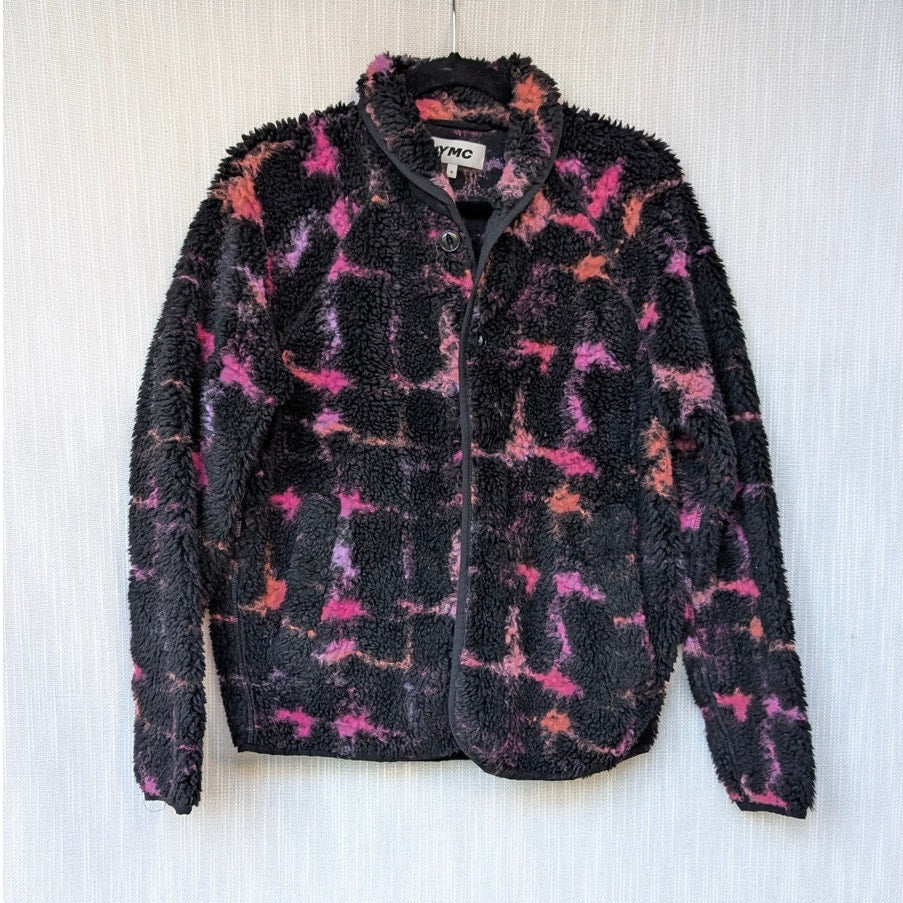 YMC Beach Graffiti Jacquard Fleece Wool Blend Jacket in Black Multi, size S
