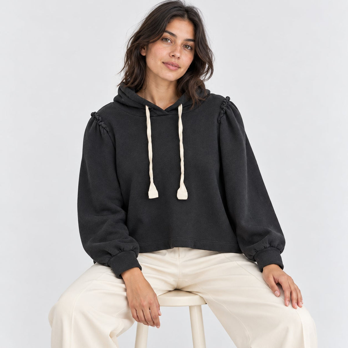G. Label by Goop Torre Ruffle Puff Sleeve Hoodie Black M