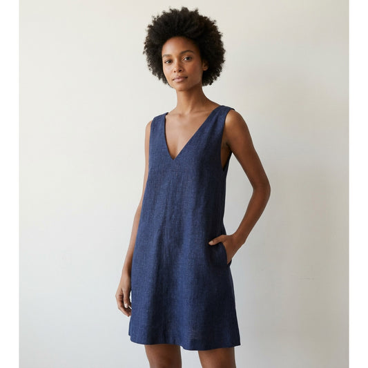 Theory Linen Dress Womens S Navy Sleeveless Deep V-neck Shift A-line Mini