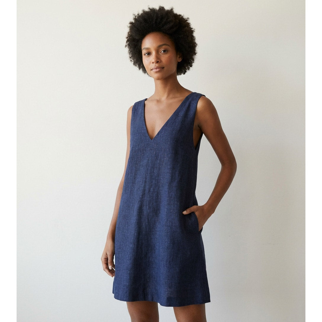 Theory Linen Dress Womens S Navy Sleeveless Deep V-neck Shift A-line Mini