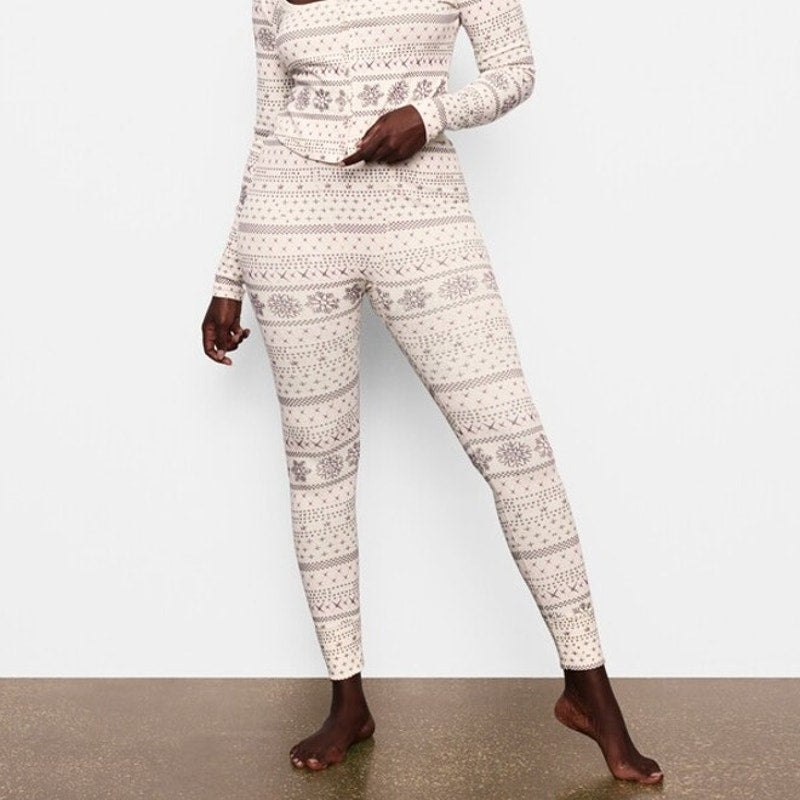 SKIMS Logo Plush Pointelle Legging Womens L Cream Fair Isle High-rise Slim Ankle