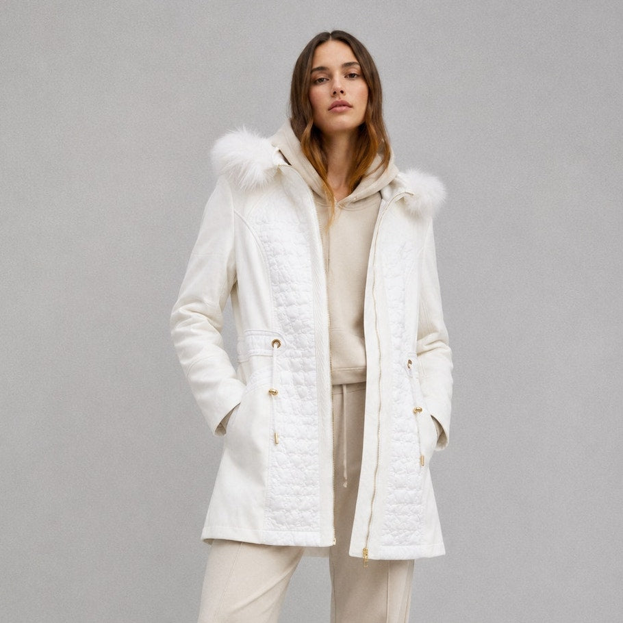 Via Spiga White Hooded Faux Fur Full Zip Quilted Coat Jacket, size XS