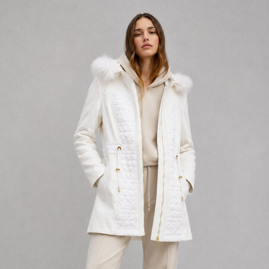 Via Spiga White Hooded Faux Fur Full Zip Quilted Coat Jacket, size XS
