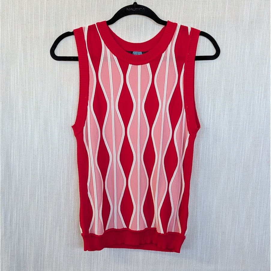 Eva Franco Mimma Harlequin Pink Red Striped Sleeveless Knit Top Size M