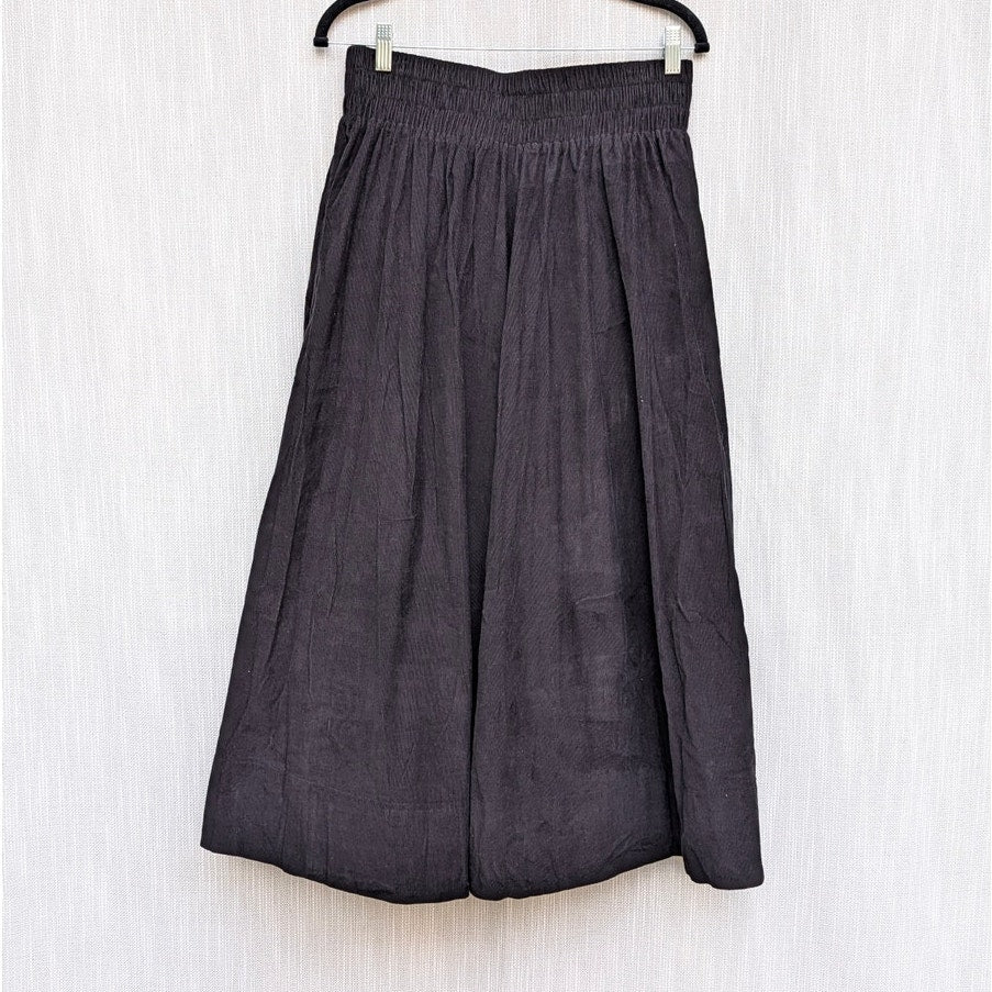 Suzie Kondi Kyria Skirt Womens L Black Pleated Cotton-Corduroy A-line Midi