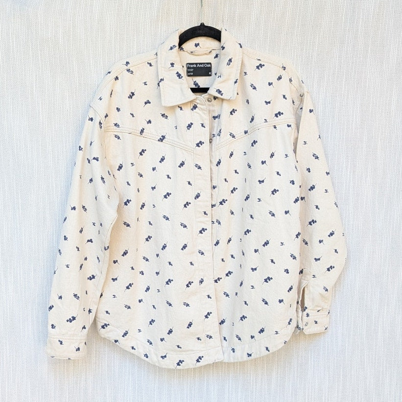 Frank & Oak Cream/White Floral Denim Button-up Long Sleeve Overshirt, size M