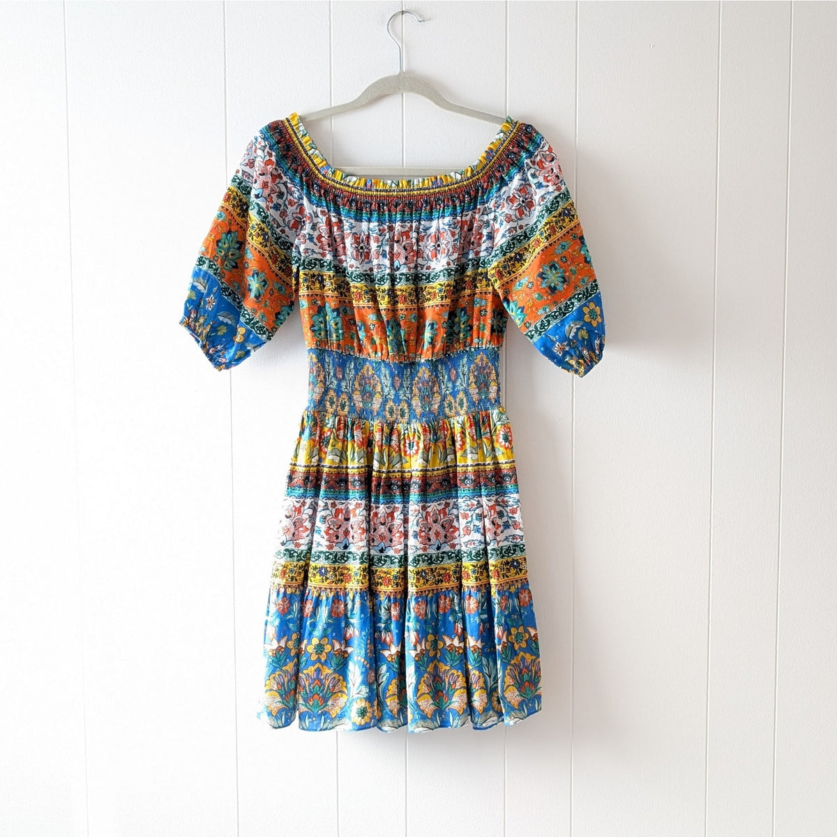 Shoshanna Solstice Cotton Off-Shoulder Multicolor Mini Dress, size XS