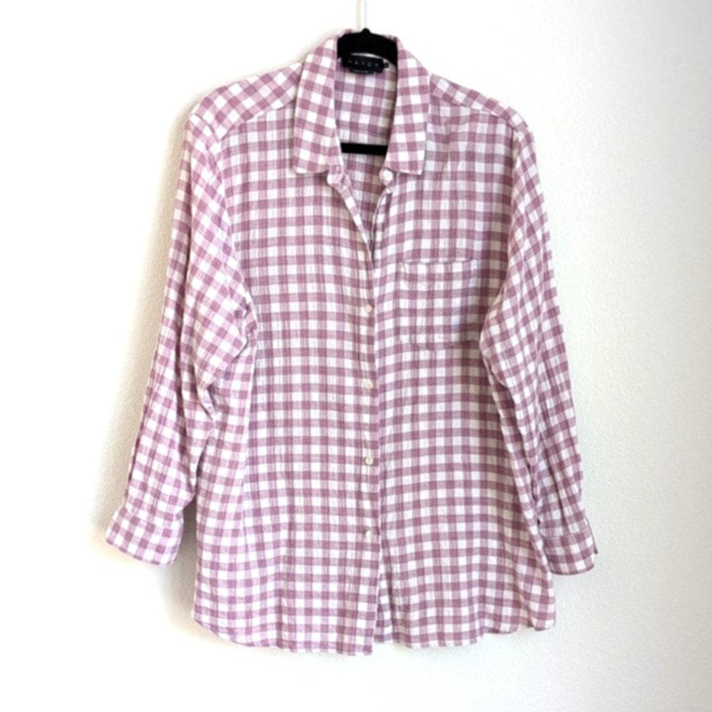 Hatch Boyfriend Purple Checked 100% Cotton Button-up Long Sleeve Shirt, size 4