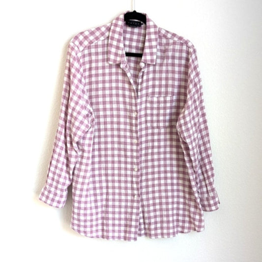 Hatch Boyfriend Purple Checked 100% Cotton Button-up Long Sleeve Shirt, size 4