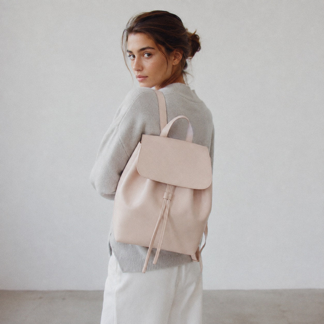 Mansur Gavriel Grained Calfskin Leather Bucket Mini Backpack Rosa