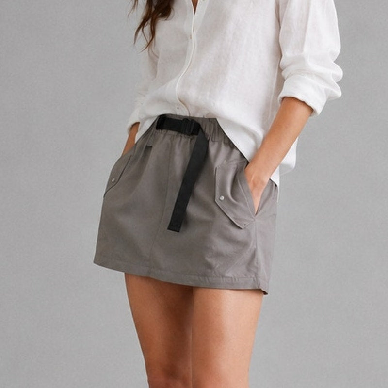 Moussy Mini Skirt Womens 1/S Gray Cotton A-line Pockets Belted