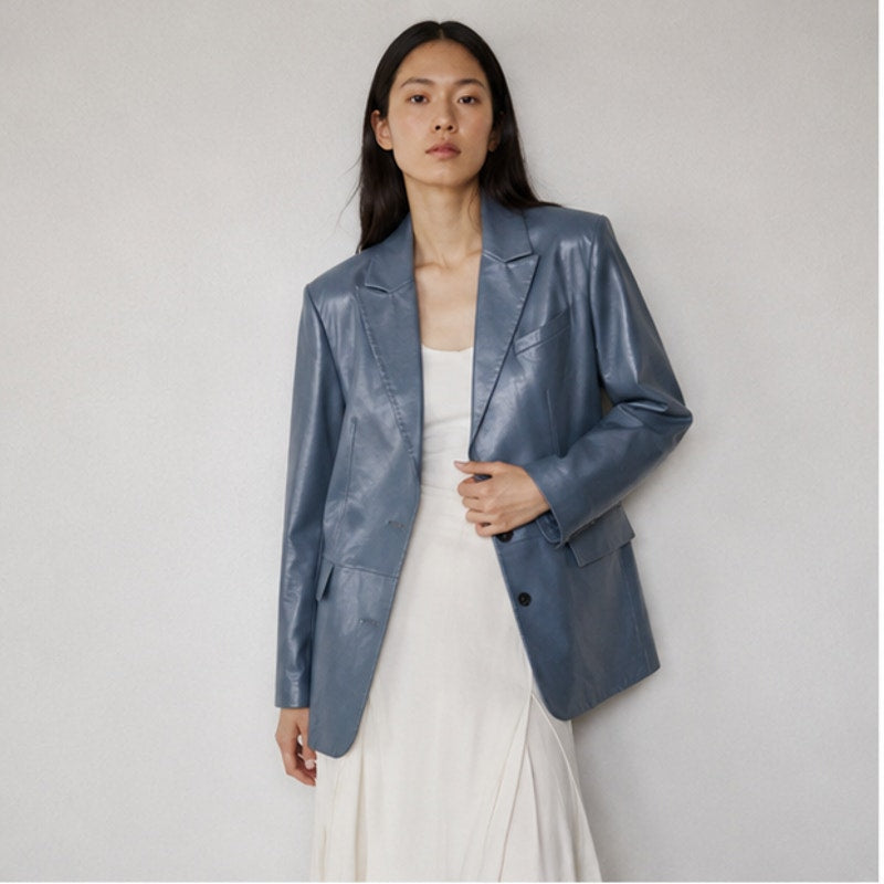 Common Leisure Power Blazer Suit Jacket Womens S Gray Blue Leather Oversized