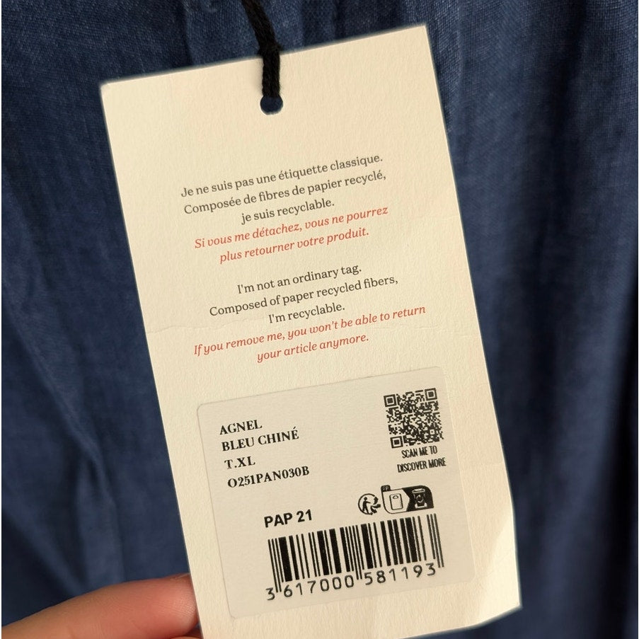 NWT Octobre Agnel Mottled Blue Chino Linen High Rise Trouser Pants, Size XL