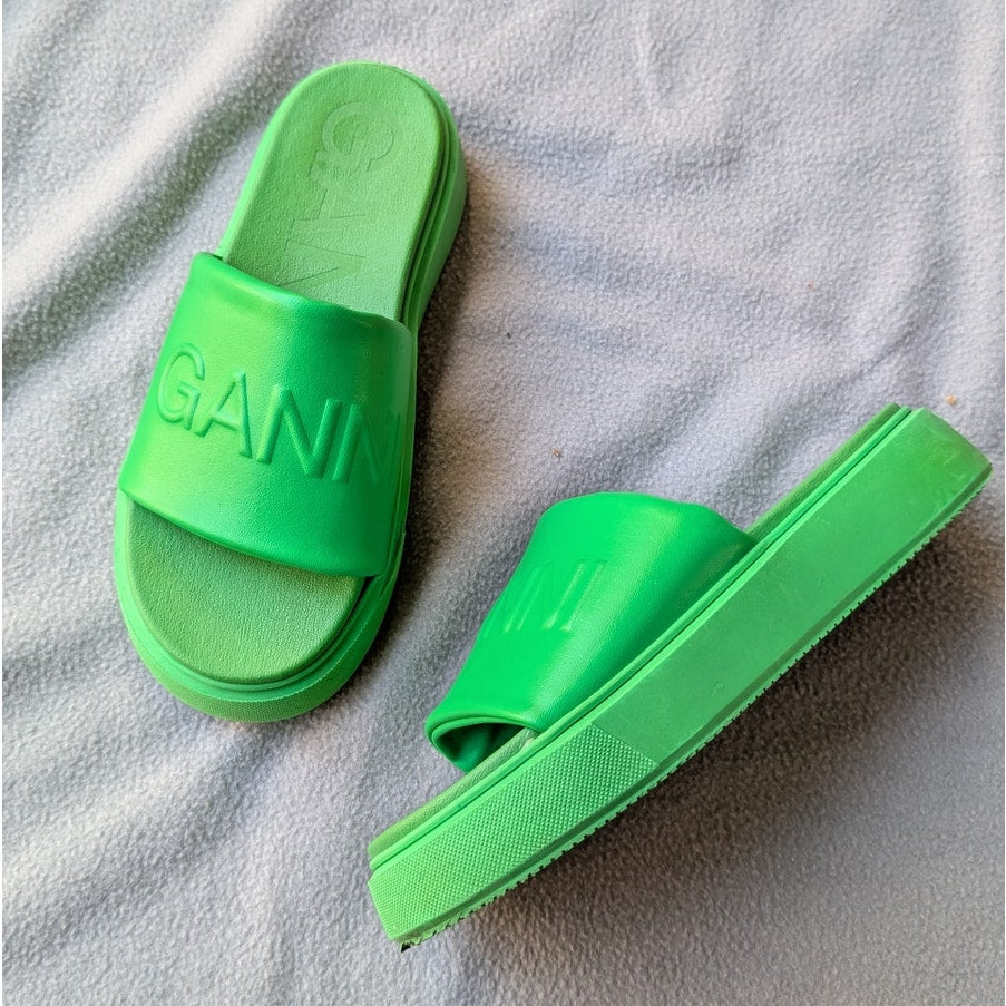 Ganni Green Rubber Round Open Toe Logo Slide Sandals, size EU39/US8