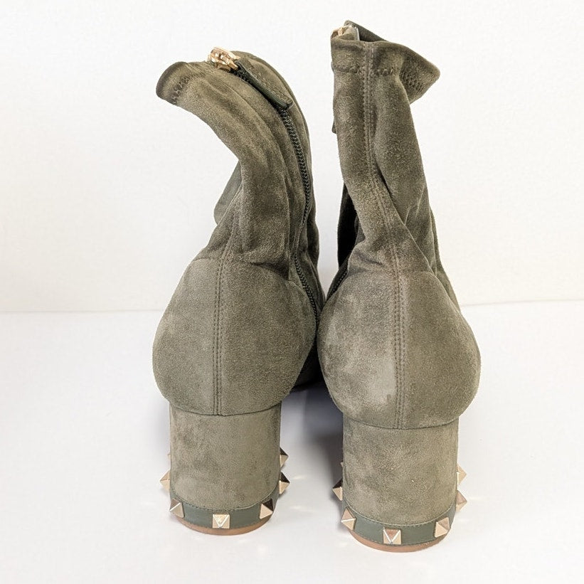 Valentino Garavani Rockstud Bootie Womens EU40/US 10 Green Khaki Suede Ankle