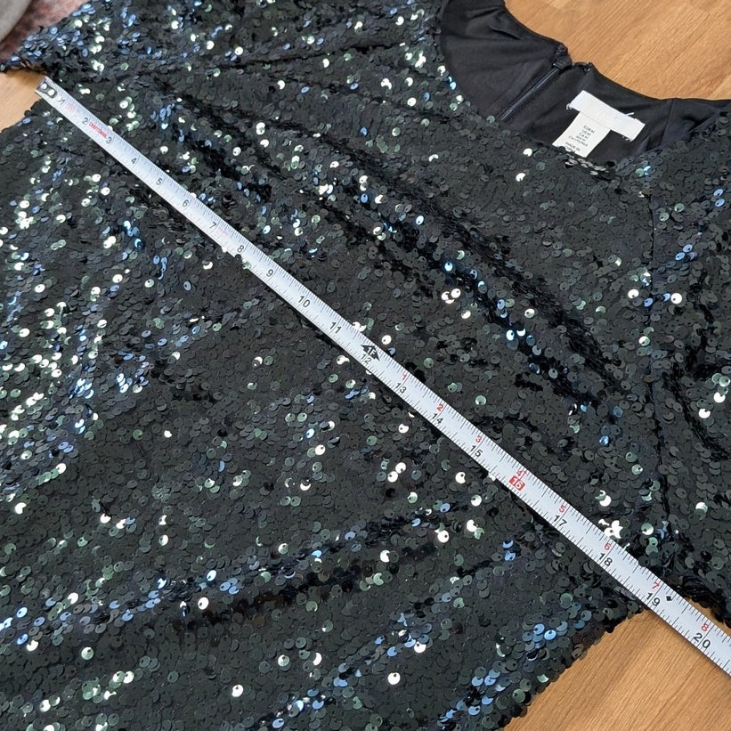 H&M Green Jersey Sequin Long Raglan Sleeve Short Dress M