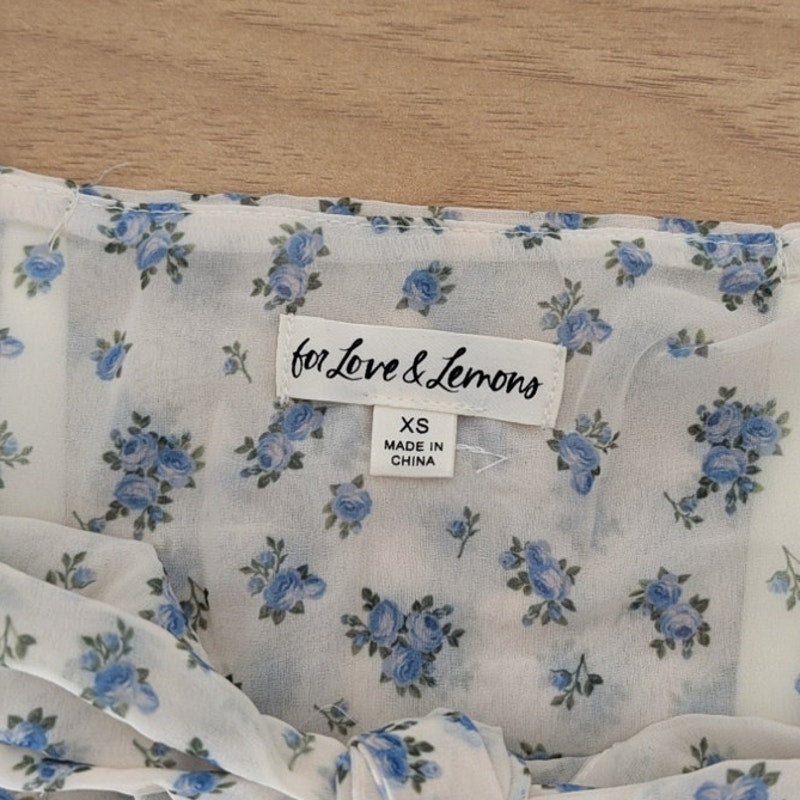 NWOT For Love & Lemons White Floral Chiffon Chateau Short Sleeve Top, size XS
