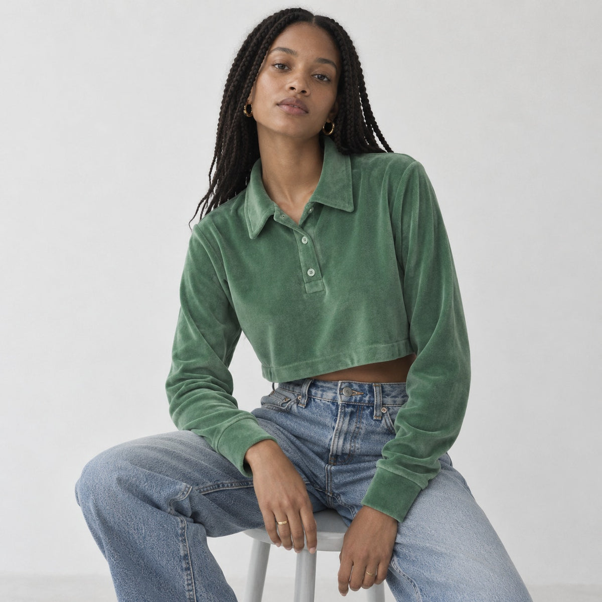 RE/DONE x Hanes Cropped Velour Long Sleeve Polo Top Basil Green Size M NWT