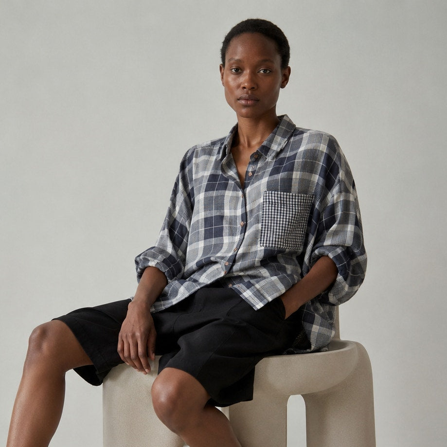 Anthropologie Pilcro Plaid White/Blue Oversized Shirt, Size XS/S