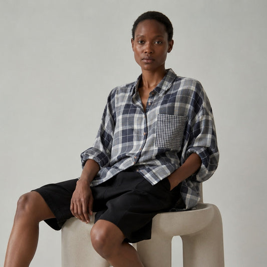Anthropologie Pilcro Plaid White/Blue Oversized Shirt, Size XS/S