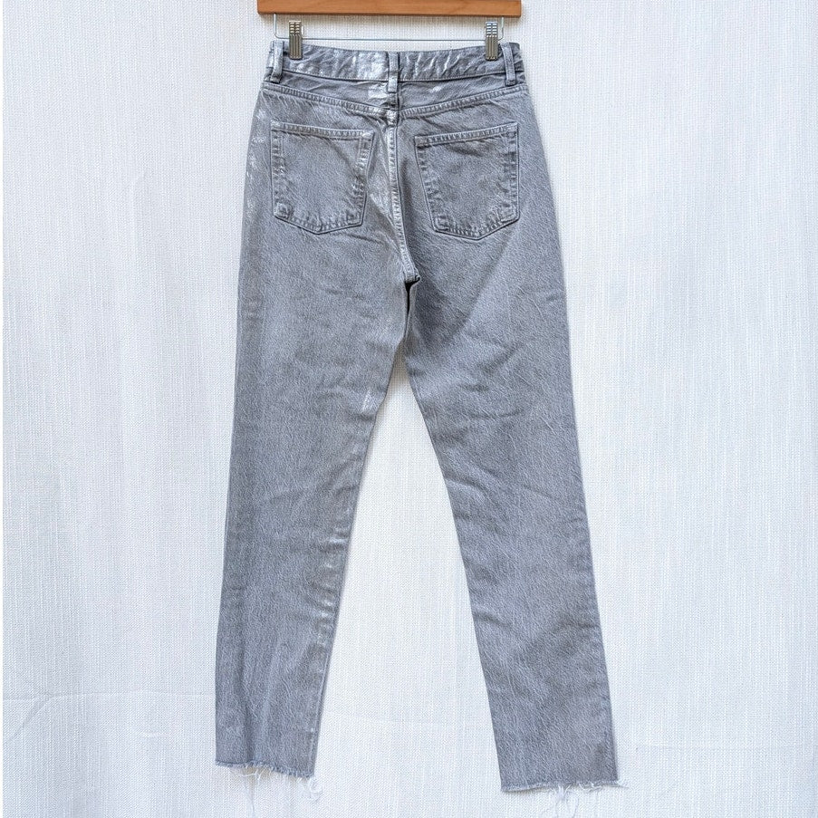 Zara Shimmer Gray Denim Raw Hem High-Rise Ankle Leg Jeans, size 2
