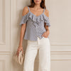 Veronica Beard Grant Cold Shoulder Gray/White V-Neck Button Striped Top, size 8