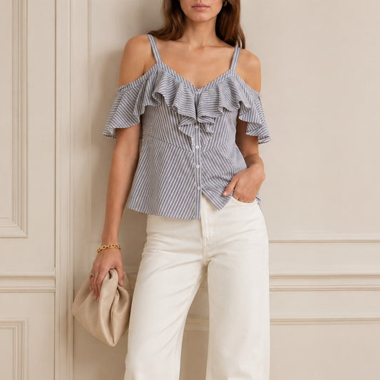 Veronica Beard Grant Cold Shoulder Gray/White V-Neck Button Striped Top, size 8