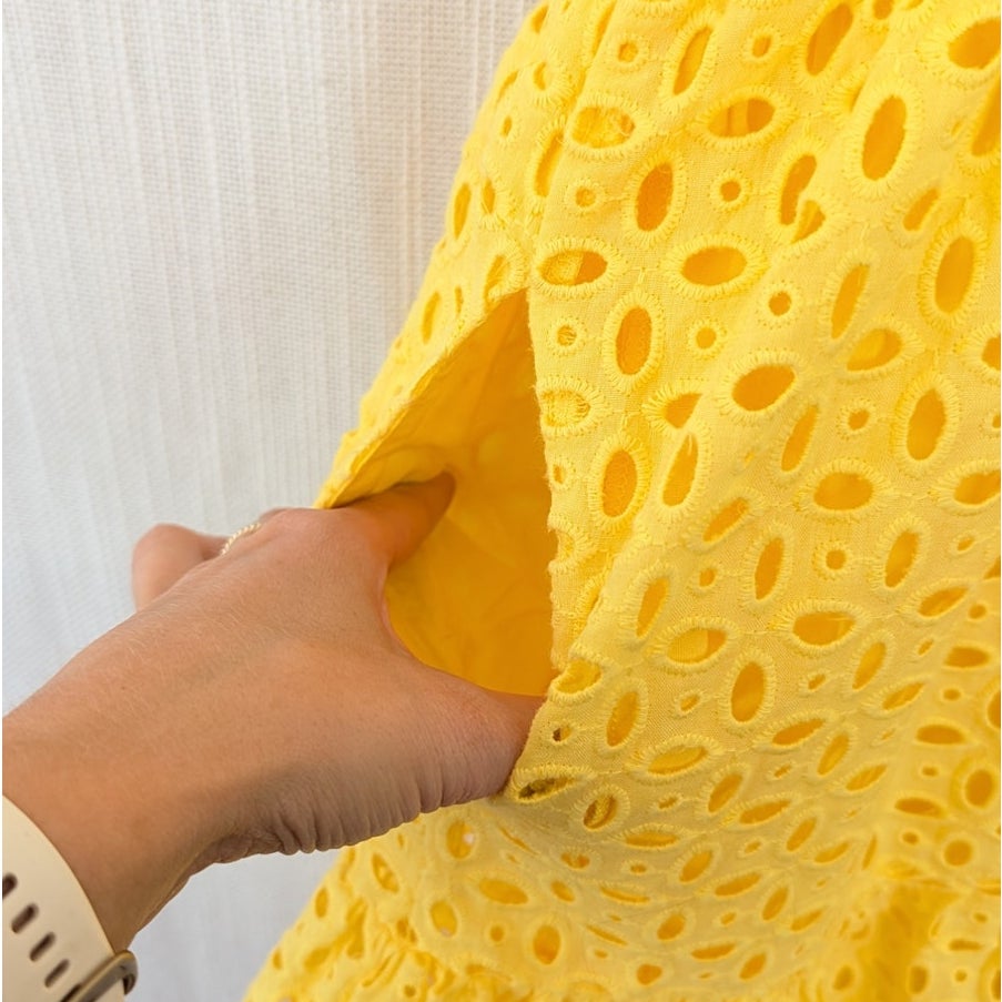 Anthropologie The Somerset Eyelet Mini Dress Womens L Yellow V-neck Short Sleeve