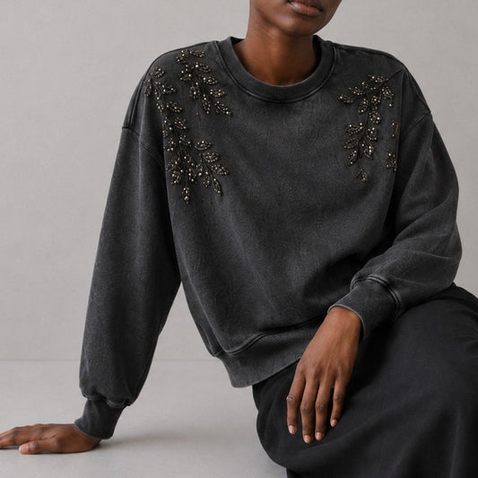 Johnny Was French Terry Beaded Sweatshirt Womens S Charcoal Heather Crewneck