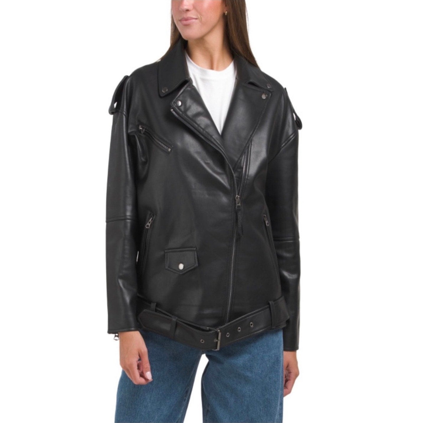 Hudson Jacket Womens M Black Oversized Vegan Leather Moto Biker Full Zip