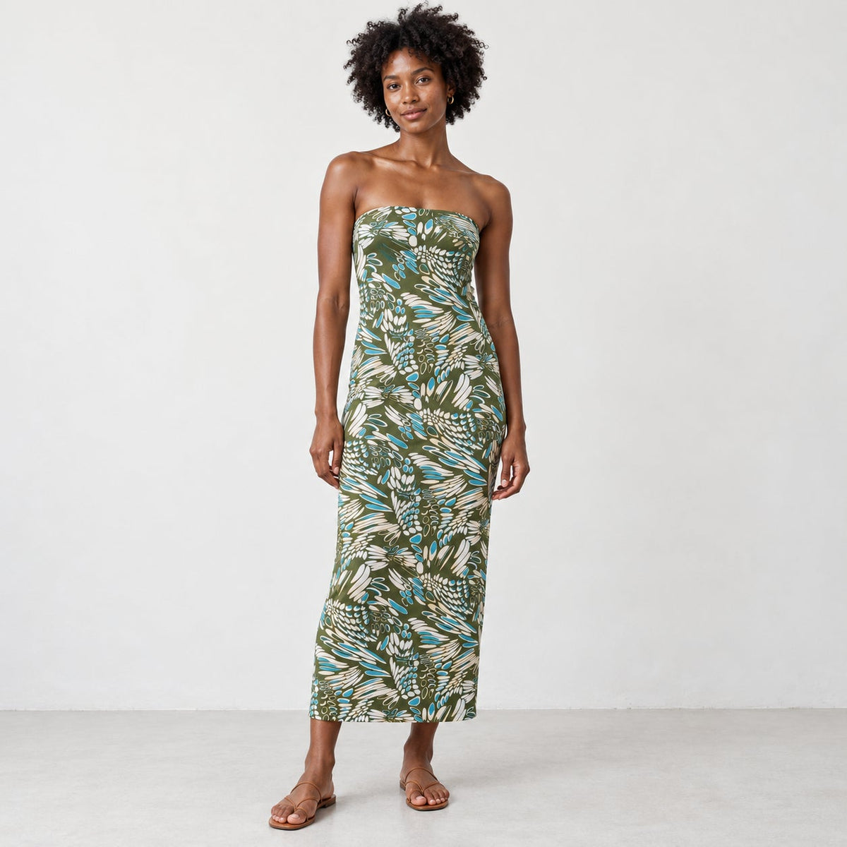 Reformation Green Blue Abstract Floral Strapless Stretch Midi Dress XS