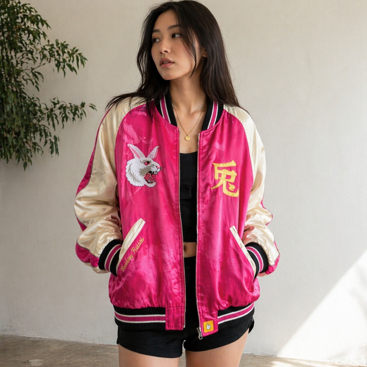 FR2 #FR2 Fxxking Rabbits Satin Souvenir Varsity Jacket Unisex L Pink Bomber NWT