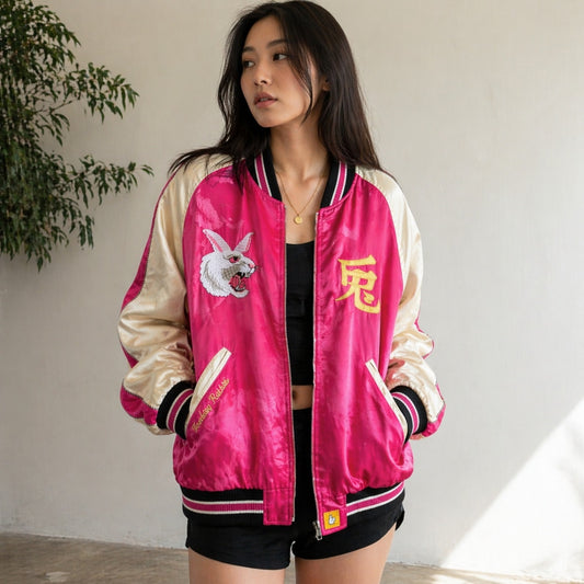 FR2 #FR2 Fxxking Rabbits Satin Souvenir Varsity Jacket Unisex L Pink Bomber NWT