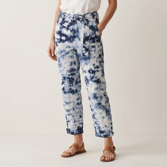La Vie Rebecca Taylor Navy/White Ink Tie Dye Cotton Crop Belted Pants, size 28